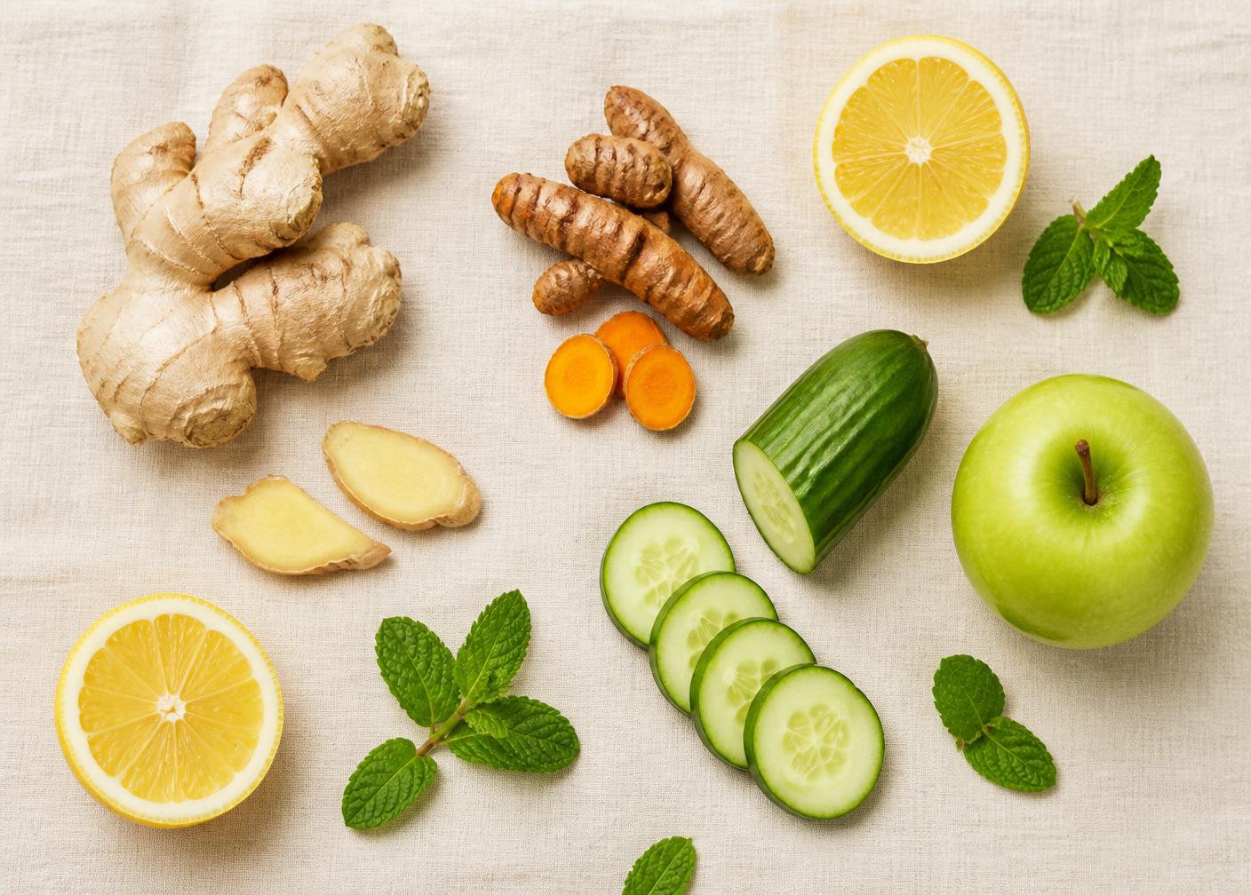 Fresh ginger, turmeric, lemon, mint, cucumber and green apple on cream linen