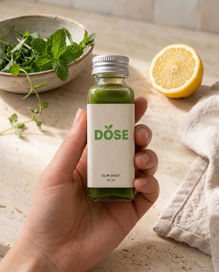 A hand holding a green DOSE wellness shot in a sunlit kitchen